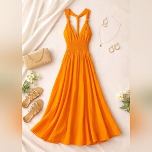 JCrew Twist-Back Smocked-Waist Orange Maxi Dress Size M
